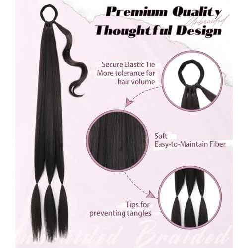 Long Braid Ponytail Extension with Hair Tie DIY Wrap Around Synthetic Hairpiece Natural Soft Fluffy Style for Women¡¯s Daily Wear (34 Inch Brown Black)