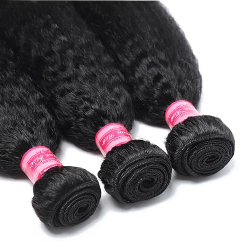 Kinky Straight Hair Bundles Yaki Straight 3 Bundles Human Hair 16 18 20 Inch 12A 100% Unprocessed Brazilian Kinkycurly Bundles Human Hair Weave Bundles Human Hair Extensions Natural Black