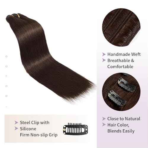 Remy Hair Extensions clip ins Hair Etensions for Women ailiceehr Dark Brown Double Weft Natural Hair Extensions Straight 8Pcs Soft and Thick 14inch 75g.