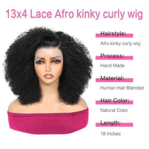 Afro Kinky Curly Wig 13x4 Lace Front Wigs 180% Density Human Hair Blended Kinky Curly Lace Frontal Wigs for Black Women 18 Inch Natural Black
