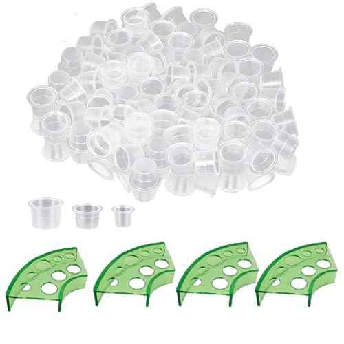 Tattoo Ink Caps Set, 600 Pieces Cups with 4 Green Cup Holders, Mixed Sizes Large Medium Small, Plastic Pigment Cups, Tattooing Machine Plastic Supplies Kit