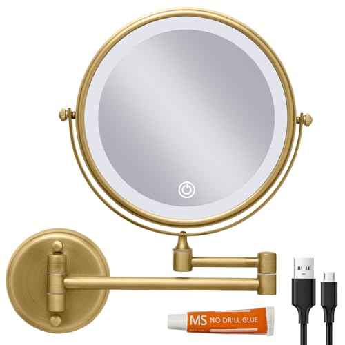 Wall Mounted Lighted 8 Inches Rechargeable Double-Sided 1X/10X Magnifying Mirror for Makeup, 3 Colors Led, Touch Dimmable, Memory Function, 360 Rotation, Foldable, Brushed Antique Brass