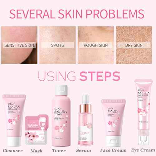 Skin Care Set Sakura Women Beauty Gift Sets Korean Skin Care Kit- Cleanser,Serum,Face Cream,Toner,Eye Cream,Mud Mask-Skin Care Routine Kit (One Size, Cherry Blossom-StyleA-Bae Moisturizing)