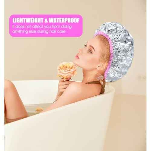 Heat Cap for Deep Conditioning, 4Pcs Hair Mask Heat Cap for Deep Conditioning Oil Treatment, Reusable & Elastic Aluminum Foil Hat Ideal for Coloring Perm, Steam Shower Spa Use