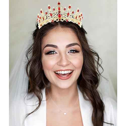 CURASA Crystal Tiaras and Crowns with Comb Princess Crown for Women Rhinestones Wedding Crown for Bride Birthday Crowns for Women Girls Royal Queen Crowns for Custome (Red)