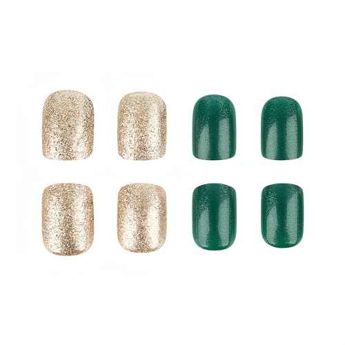 BFY Christmas Press on Nails Short Square Fake Nails, Green Xmas Gift Box Gold Glitter Acrylic Nails Kits, Glossy False Nails Gel Glue on Nails for Women Winter New Year Nail Art Manicure 24 Pcs