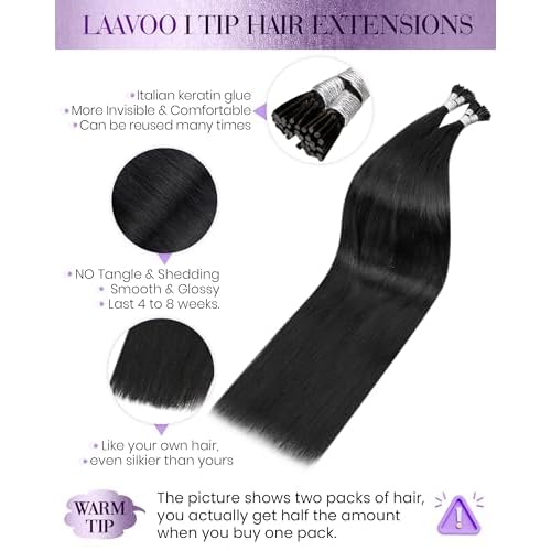 LaaVoo I Tip Hair Extensions Human Hair Black Long I Tips Hair Extensions Real Human Hair 50s 50g 26 Inch