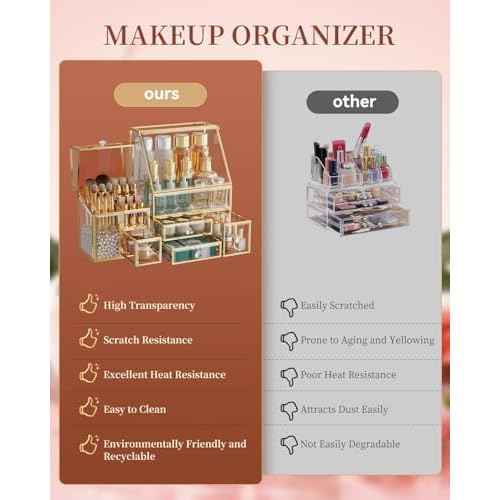 Clear Makeup Organizer with Gold Frame ? Countertop Vanity Organizer for Skincare, Lipsticks, Perfume & Brushes ? Bathroom Cosmetic Storage Display Box