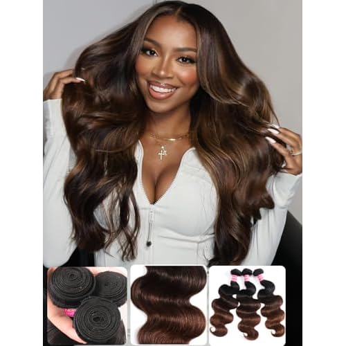 KLAIYI Ombre Brown Body Wave Bundles Human Hair Extensions with Dark Roots 100% Unprocessed Brazilian Real Virgin Hair Weaves Chestnut Brown Double Wefts 12A Wavy One Bundle 20Inch Sew in Piano Color