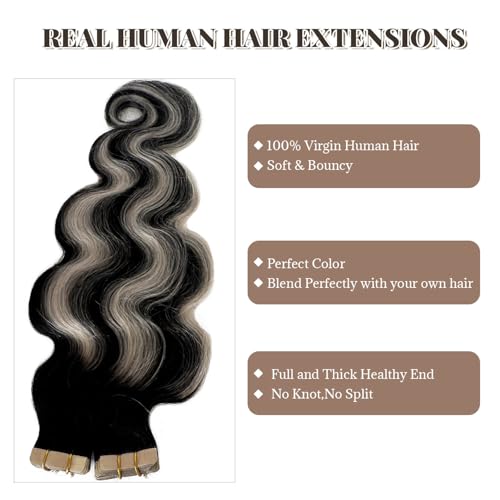 Tape in Hair Extensions Human Hair 26 Inch Body Wave Natural Black Hair Balayage Silver Grey Highlights Hair Extensions Real Human Hair Tape ins for Black Women 20 PCS Double Sided Tape Hair 50G