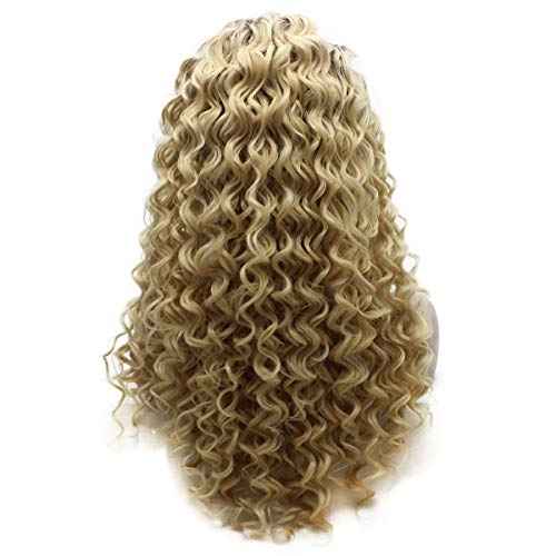 MX angel Long Dark Roots Blonde Curly Lace Front Synthetic Wig Heat Resistant Fiber Hair Natural Wig