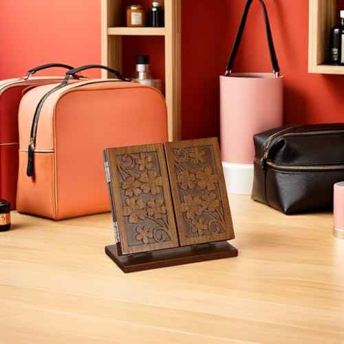 VALICLUD 1Pc Folding Wooden Carve Pattern Makeup Mirror Three Sided Desktop Vanity Mirror for Distortion Reflection Stable Wooden Base for Home and Office Use