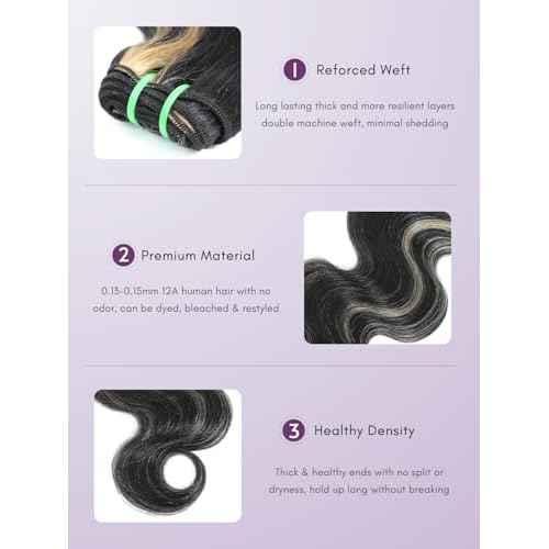 Black With Blonde Highlight Body Wave Single Bundles Human Hair 18 In, Blonde Highlight Skunk Stripe Bundles Thick Track Sew In # F1B/613 Ombre Balayage Colored Brazilian Quick Weave Sew In Remy