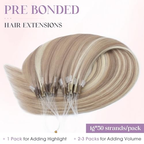 Elailite K Tip Hair Extensions Human Hair Real Remy Hair Ash Blonde & Bleach Blonde 20 Inch U Tip Ktip Utip Keratin Bond Hot Fusion Pre Bonded Hair Extensions for Women 50G 50Strands