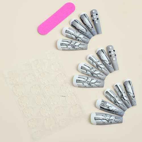 Christmas Press on Nails Long Square 3D Fake Nails Christmas Nails Press ons with Forest Deer Snowflakes Design Winter Cartoon Acrylic Glue On Nails Artificial Stick on Nails for Women 24Pcs