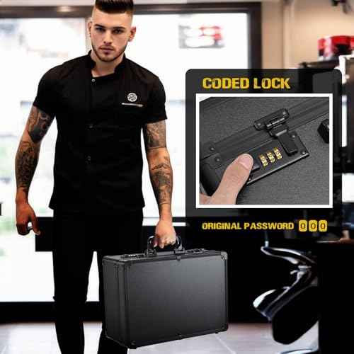 Barber Accessories Case, Profesional Barbers Briefcase Tool Case, Barber Cases for Clippers and Supplies, Hair Scissors Clippers Trimmer Organizer, Barbers Suitcase with Code Lock Black