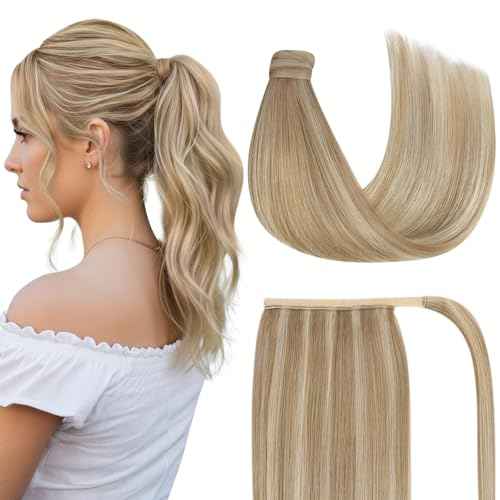Ve Sunny Ponytail Extension Real Human Hair for Women Clip in Ponytail Hair Extension Straight Hair Pieces Wrap Around Dark Ash Blonde Highlights Golden Blonde 14inch 80G