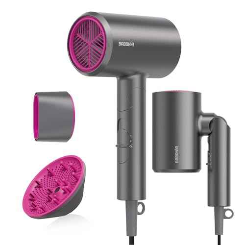 Ionic Diffuser Hair Dryer for Curly Hair, 1875W Fast Drying Blow Dryer with Diffuser and Concentrator Nozzle, Compact & Portable Negative Ion Hairdryer Blowdryer, 3 Heat 2 Speed Settings, Gray