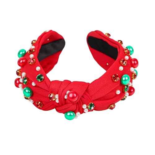 Christmas Headband for Women Red Green Pearl Rhinestone Crystal Jeweled Hairband Fashion Elegant Ladies Wide Knot Head Band Christmas Holiday Party Outfit Gifts