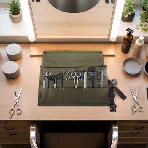 Under NY Sky Salon Scissors Roll Up Holder ? Professional Canvas Pouch Case for Hair Stylists, Barbers & Hairdressers ? Portable Storage Organizer for Hair Cutting Shears & Salon Tools - Green