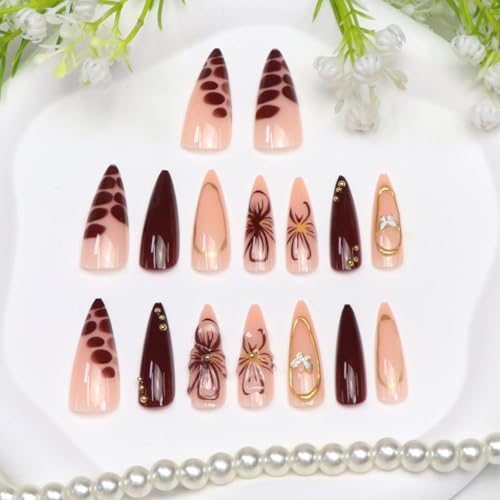 Stiletto Press on Nails Long Cute Flowers and Butterflies with Golden Lines and Steel Beads Fake Nails Press ons Brown Almond Acrylic Glue on Nail Glossy Stick on Nail for Women 24 Pcs