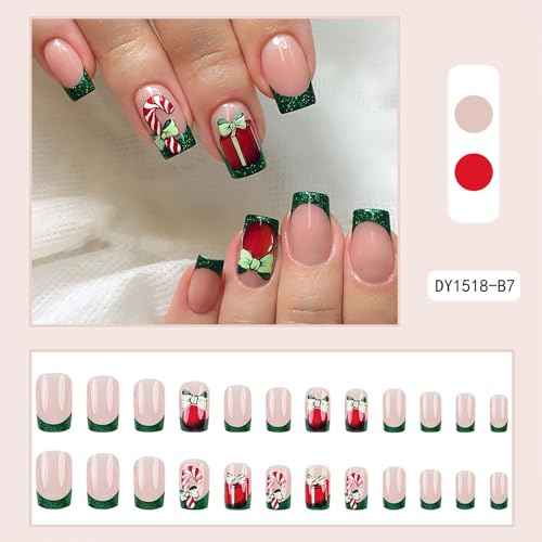Christmas Press on Nails Square Green French Tip Fake Nails Mdeium with Candy Canes Gift Box Bow Design Nails Press on Glitter False Nails Xmas Glue on Nails Artificial Christmas Nails for Girls 24Pcs