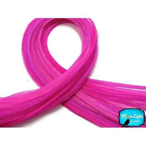 Moonlight Feather, Hair Feathers - Solid Hot Pink Thin Long Rooster Hackle Hair Extension Feathers - 10 Pieces