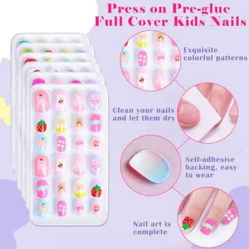 Press on Nails for Kids 144Pcs, 6 Pack Kid Press on Nail for Girls Colorful Patterns Kids Fake Nails Pre-glue Full Cover Acrylic Nail Art Christmas Easter Gifts for Girls