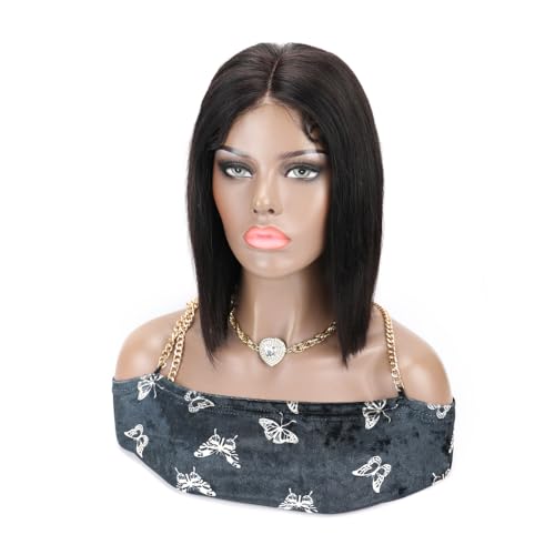 Bob 4x4 Lace Closure Wig Straight Short Bob Wigs Human Hair Middle Central Part Brazilian Virgin Hair Glueless Lace Front Wig for Women with Baby Hair 150% Density (Natural Black Color, 12inch)