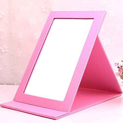 Portable Folding Vanity Mirror,Desktop Folding Mirror with Adjustable PU Leather Stand-Pink