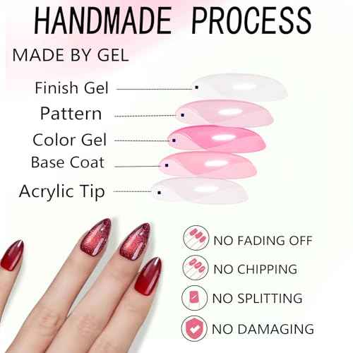 Christmas Press On Nails Medium Almond Fake Nails With Glue, Red Nail Press Ons With Glass Beads Cat's Eye Design£¬Artificial False Nails Stick On Nails for Women-30Pcs