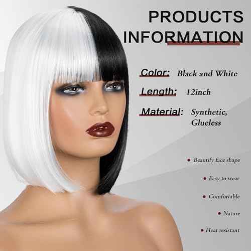 MYQUEEN Black and White Bob Wig With Bangs Cruella Deville Costume for Women Girl Kids 12 Inch Short Straight Bob Bangs Wig for Daily Party Holloween Use