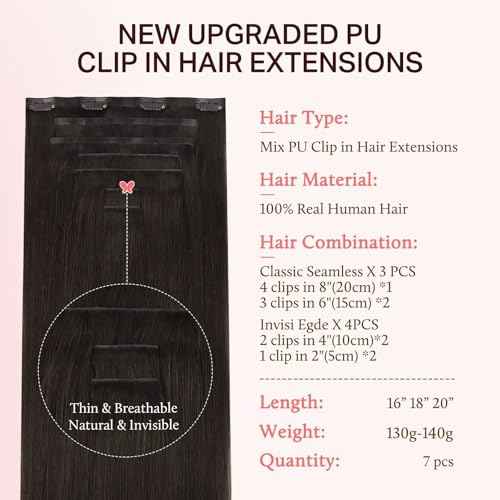 DOORES Clip in Hair Extensions Set 16 Inch 130g, 4pcs Invisi Edge Clip ins and 3pcs Classic Seamless Clip ins, Injected Virgin Real Human Hair Extensions Natural Invisible Straight, #2
