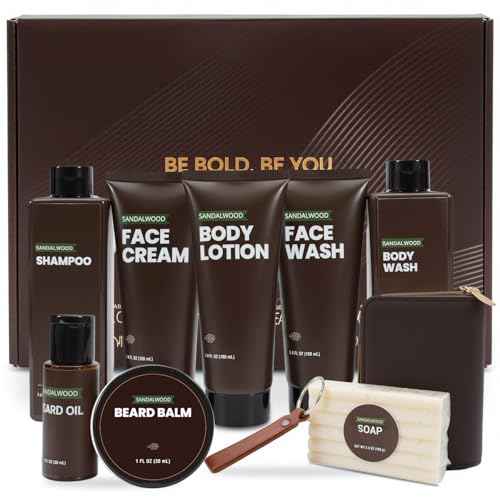 Rinse & Robust Beard Kit for Men, Sandalwood Beard Care Kit for Him Beard Oil Gift Baskets, Body Lotion, Beard Balm, Body Wash, Christmas Gifts for Men Dad Boyfriend Husband Valentines Birthday