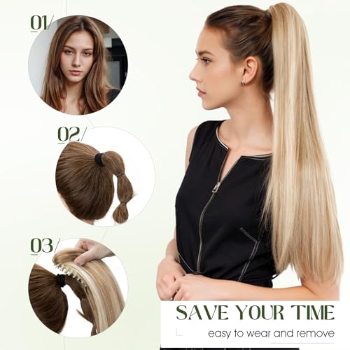 Ponytail Extension, 16 Inch Claw Clip Ponytail Extension Human Hair Long Straight Jaw Clip in Real Hair Pony Tails Hairpieces for Women Dark Brown