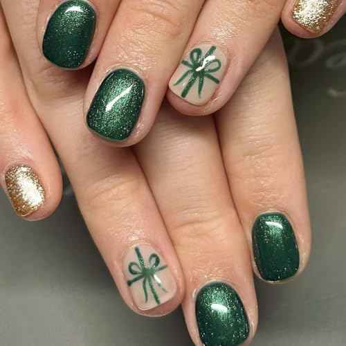 Christmas Press on Nails Short Square Fake Nails with Gold Glitter Design Gift Knot Full Cover Xmas Nails Artificial Green False Nail Glossy Christmas Glue on Nails for Women Girl DIY Acrylic Manicure