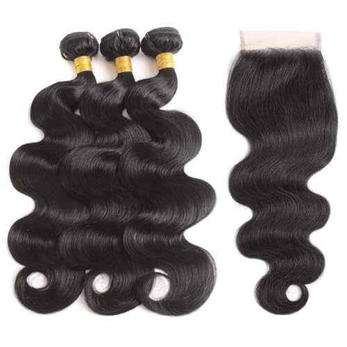 Bundles with Closure Body Wave 100% Unprocessed Brazilian Human Hair 100g Natural Black Virgin Human Hair Weave 3 Bundles with 4x4 Lace Closure (12 14 16+10 Natural Black)