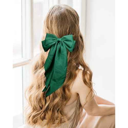Dark Green Satin Long Tail Large Hair Bows for Women - 2Pcs Wedding Prom Gift Ribbons, Clips and Accessories