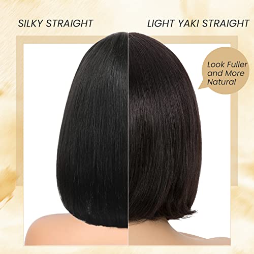 10 Inch Light YAKI Short Bob Wig Human Hair with Bangs, Black Blunt Cut Bob Wig Straight Glueless Headband Wigs for Women, Realistic Large Lace Scalp 180% Density 100% Human Hair