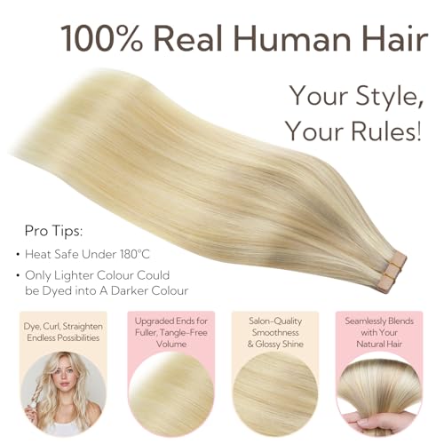 HOTBANANA Tape in Hair Extensions, Ombre Ash Blonde to Golden Blonde and Platinum Blonde 50g Tape in Hair Extensions Real Human Hair Stright Remy Hair Tape in Hair Extensions 24 inch 20pcs