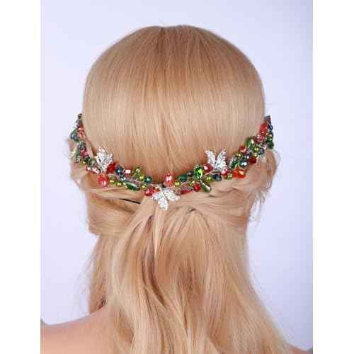 Teyglen Bride Crystal Wedding Hair Vine Bridal Red Green Rhinestone Pearl Headband with Butterfly Christmas Headband Rhinestone Headpiece Xmas Party Hair Accessories for Women Girls