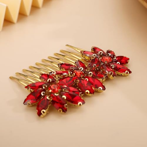 Crystal Flower Hair Comb for Women Girls Prom Crystals Hair Comb Wedding Headpiece for Bride Bridemaid Flower Girls RED