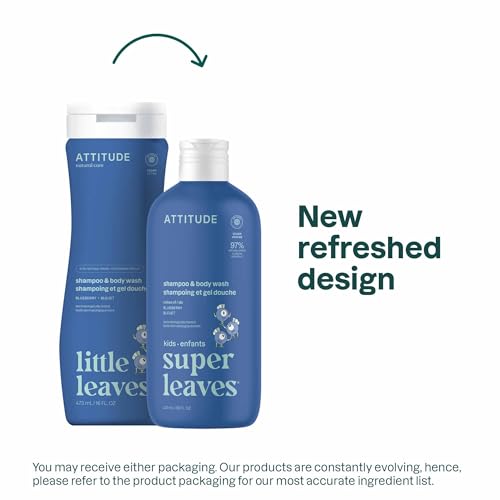 ATTITUDE Shampoo and Body Wash for Kids, EWG Verified Hair and Body Cleanser, Dermatologically Tested Soap, Plant and Mineral Based Bath Products, Vegan, Blueberry, 16 Fl Oz (Pack of 6)