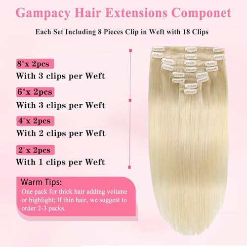 Clip in Hair Extensions Real Human Hair, Seamless Clip ins Real Human Hair for Women, Remy Human Hair Clip in Extensions, Double Weft 8pcs 18 inch Platinum Blonde