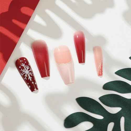 Christmas Press on Nails Long Coffin Red Fake Nails Pink Gradient with Snowflake French Tip Design Glue on Nails Acrylic Glitter Glossy Full Cover Stick on False Nails for Women Manicure 24pcs