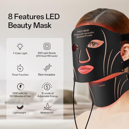 Red Light Mask for Face and Neck - Facial Skin Care Device, Portable, Lightweight, Rechargeable and Ergonomic Design for Home (Black)