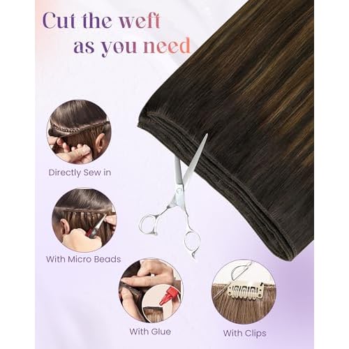 LaaVoo Weft Hair Extensions Human Hair Straight Hair Weft Extensions Dark Brown Ombre Light Brown Balayage Sew in Hair Extensions Real Human Hair Seamless 18 Inch 100g