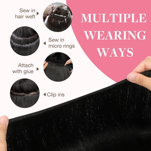 GOO GOO Sew in Hair Extensions Real Human Hair, Weft Hair Extensions Human Hair, 1B Natural black 20inch 105g, Weft Bundles Straight Silky Remy Hair