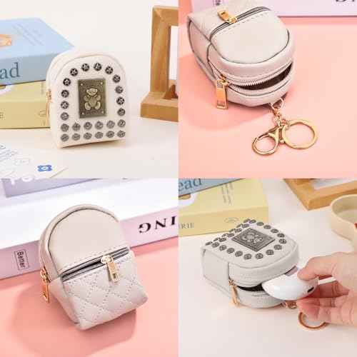 Cute Mini Backpack Cosmetic Bag Charms for Women, PU Leather Keychain Pouch, Lipstick Holder, Card Organizer, Small Travel Accessories (Beige)