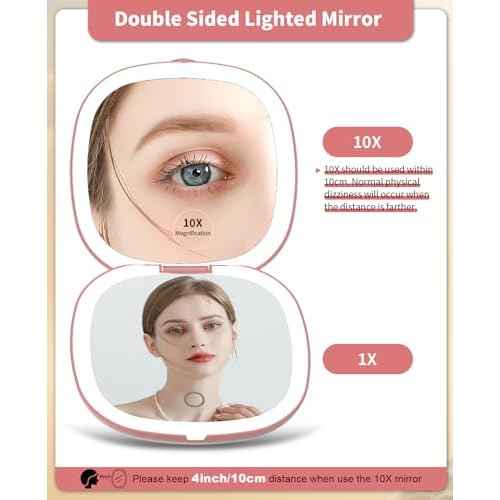 WOBSION Rechargeable Lighted Travel Makeup Mirror,1x/10x Compact Magnifying Mirror with Lights,Portable for Bag,4inch,Gift,Rose Gold